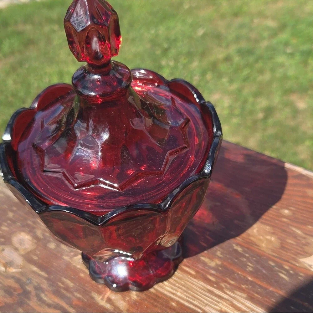 Vintage Red Glass Covered Bowl w/ Lid | Decorative Two-Piece Set